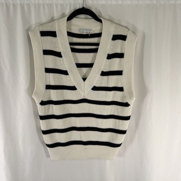 English Laundry Sweaters - English Factory Vest Women's Medium White Black Striped Knit Vneck Pullover